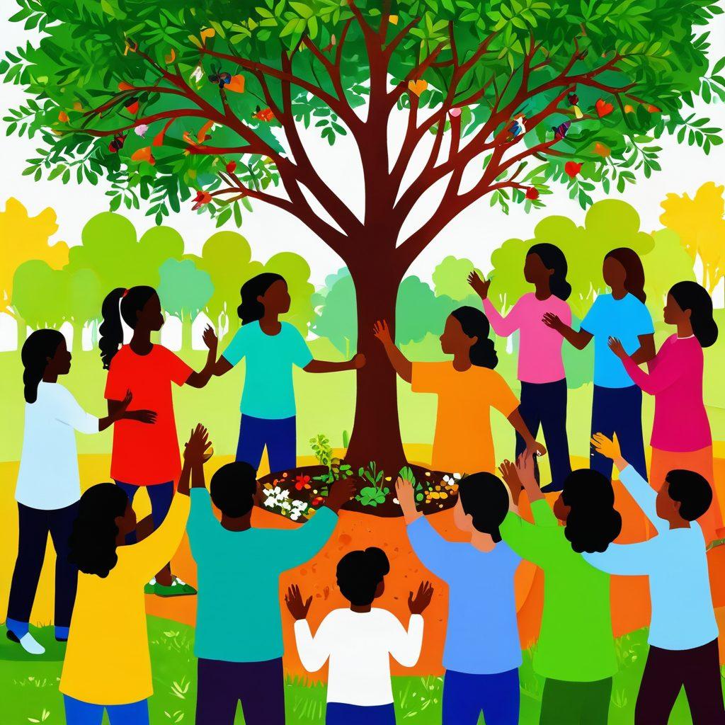 A vibrant scene depicting a diverse group of people engaging in various acts of compassion within a community setting, such as sharing food, planting trees, and helping each other. Include symbols of friendship like intertwined hands and hearts, with a colorful backdrop of a sunny park. Show joy and connection among the individuals, representing a nurturing and robust community. vibrant colors. illustrative style. high detail.