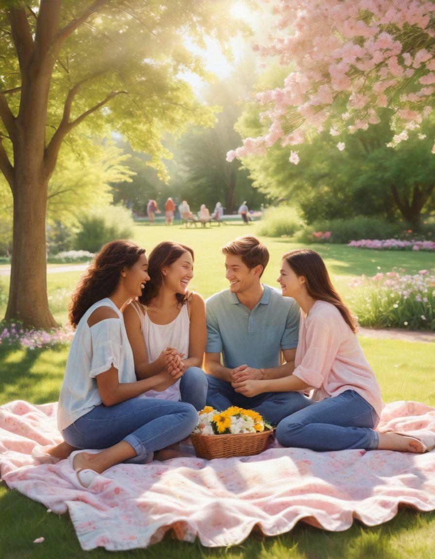 A heartwarming scene depicting a diverse group of friends gathered in a sunlit park, sharing laughter and hugs, surrounded by blooming flowers and cozy picnic blankets. Soft pastel colors fill the image, conveying warmth and togetherness, with gentle rays of sunshine illuminating their joyful expressions, symbolizing affection and support. super-realistic. warm tones. outdoor setting.