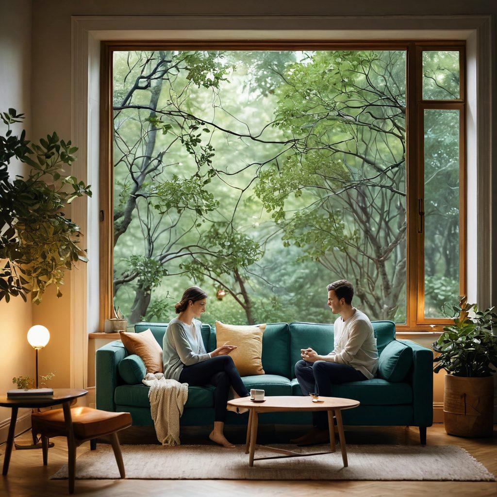 A serene and inviting scene depicting two people seated on a cozy couch, engaged in deep conversation, surrounded by soft lighting and warm colors. Include subtle visual elements like heart symbols and connection lines to illustrate emotional intelligence and support. In the background, hints of nature can be seen through a window, symbolizing growth. Incorporate a calming color palette of blues and greens. super-realistic. soft focus. warm tones.